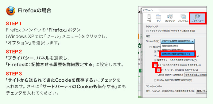 Firefoxの場合:STEP1 Firefoxウィンドウの「Firefox」ボタン(Windows XPでは「ツール」メニュー)をクリックし、「オプション」を選択します。/STEP2「プライバシー」パネルを選択し、「Firefoxに:記憶させる履歴を詳細設定する」に設定します。/STEP3「サイトから送られてきたCookieを保存する」にチェックを入れます。さらに「サードパーティのCookieも保存する」にもチェックを入れてください。